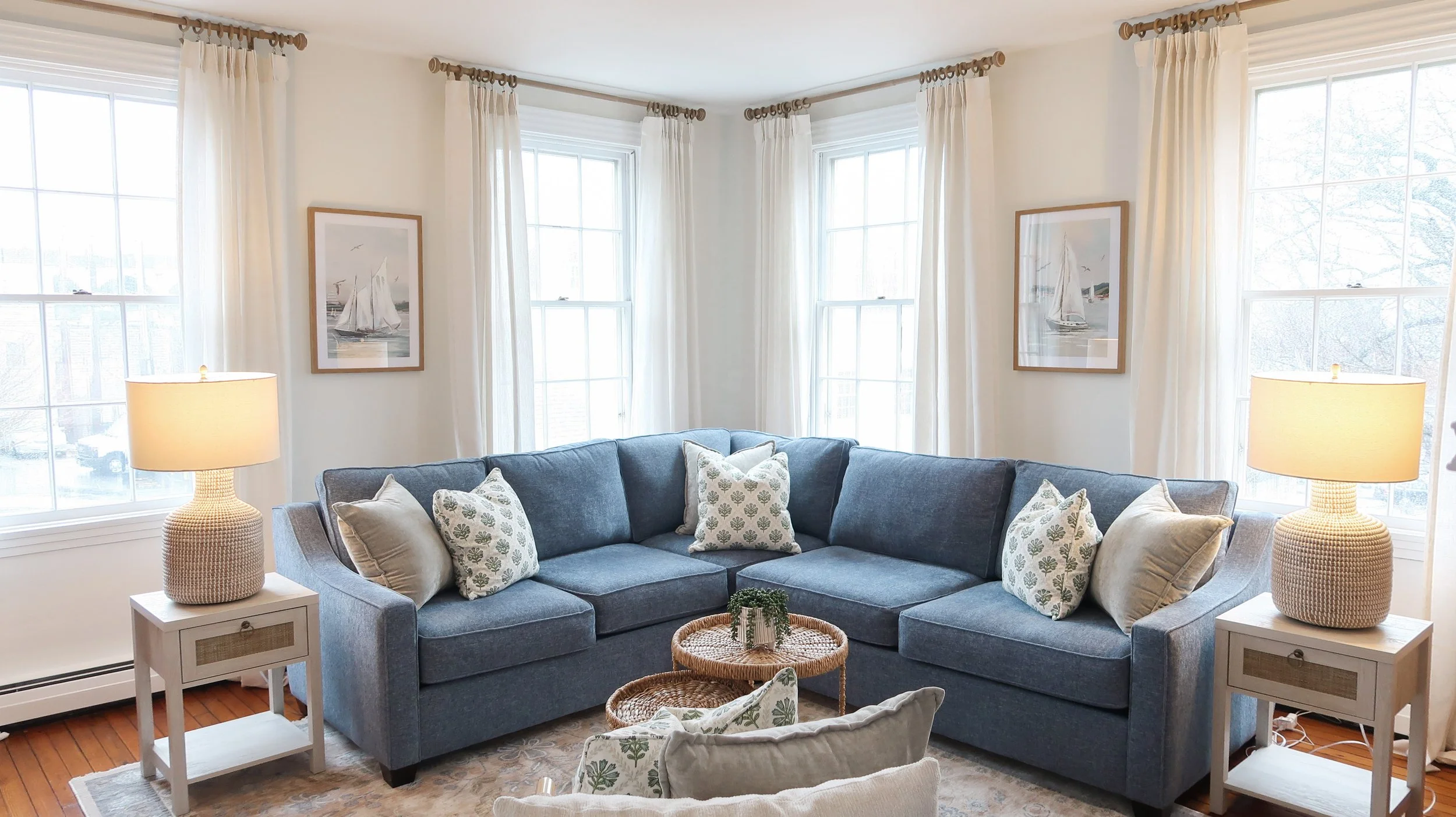 Coastal living room interior design with neutral palette by SPACE. Design