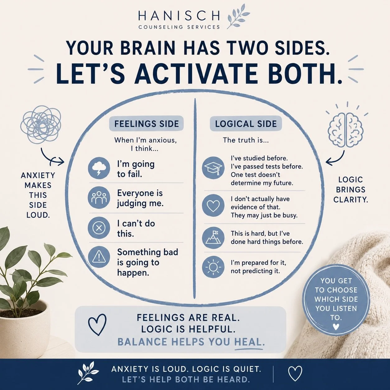🧠 Anxiety has a way of making the feelings side of the brain take over.

When that happens, thoughts like&hellip;

➡️ &ldquo;I&rsquo;m going to fail.&rdquo;
➡️ &ldquo;Everyone is judging me.&rdquo;
➡️ &ldquo;I can&rsquo;t do this.&rdquo;
➡️ &ldquo;S