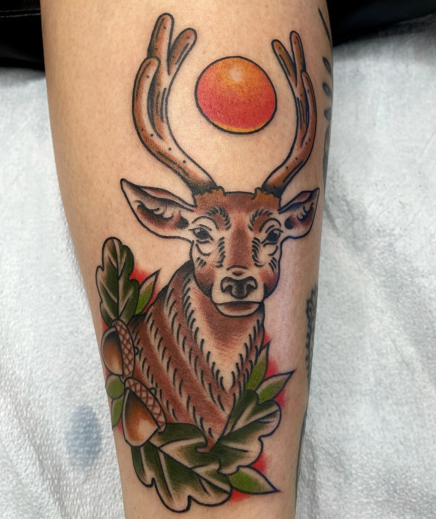 Deer with fiery sun on the shin for Matilda, thanks for coming in! Email me for appointments, check my scheduling highlight for details