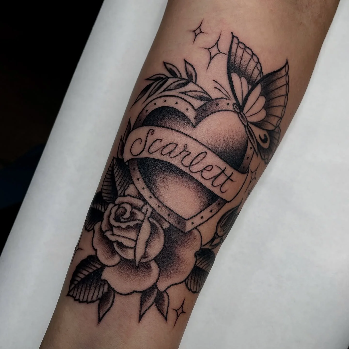 An ode to Gabby&rsquo;s beautiful daughter Scarlett, thanks for trusting me with such an important tattoo! Email me for appointments, crispy stars and script available with any design upon request