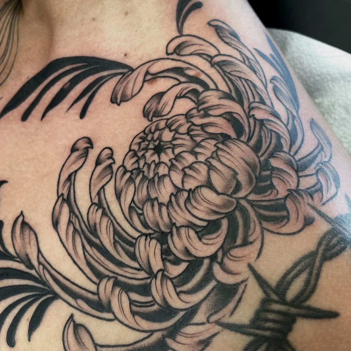 Can&rsquo;t wait to finish the chest piece, had to share the progress we&rsquo;ve made so far. I&rsquo;d love to do more like this, chrysanthemums have been a favorite lately. Email me for appointments, check my scheduling highlight for details