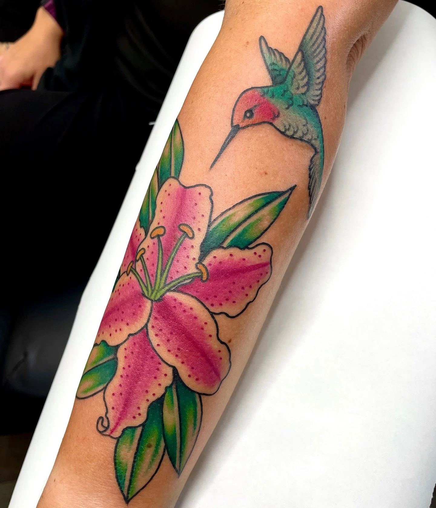 Stargazer lilies are a forever favorite irl and to tattoo. Great start on a floral sleeve, can&rsquo;t wait to chip away! email me for appointments, check my scheduling highlight for details
