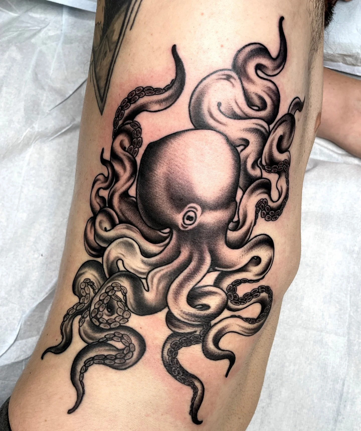 Big octopus on the ribs, my clients are Too Tuff&trade;! Half healed, half fresh. I&rsquo;d love to do more like this! Email me for appointments, check my scheduling highlight for details