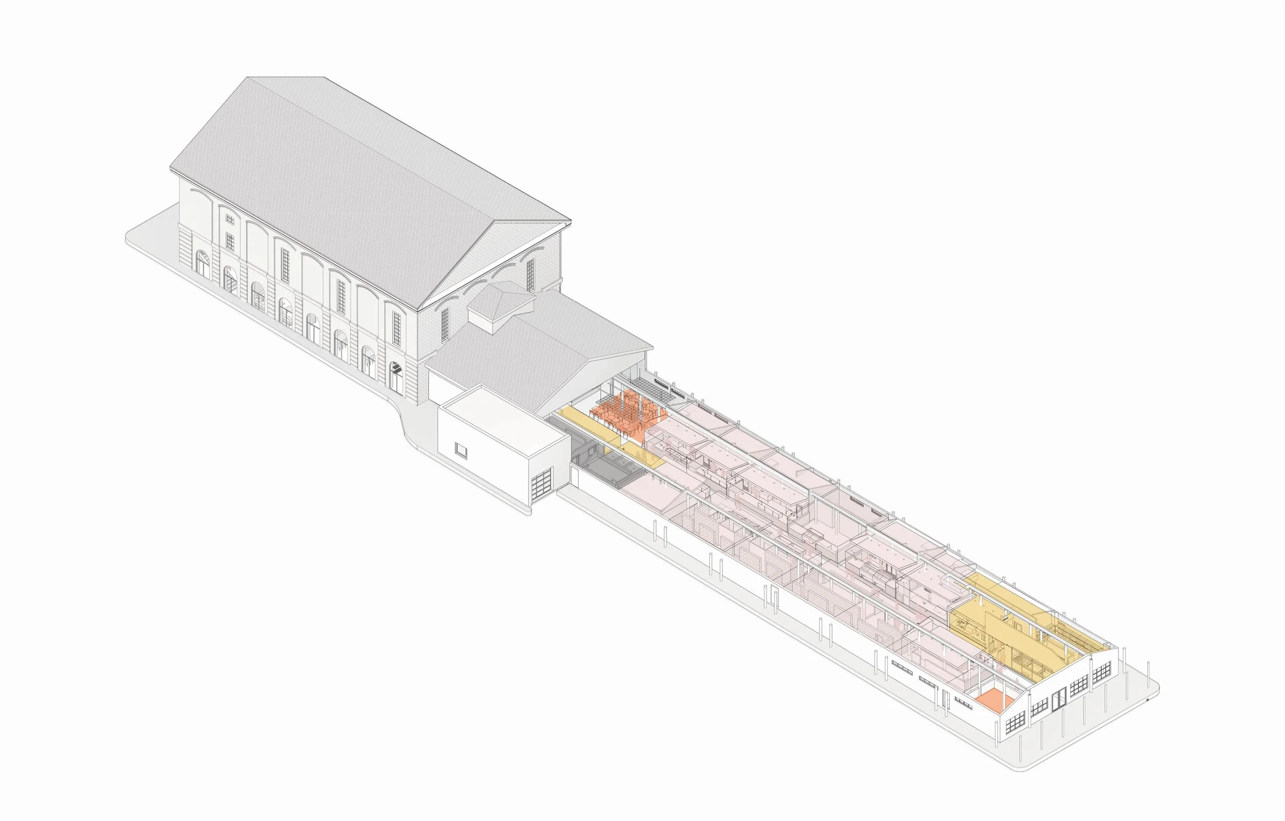 7 / ARTICULATING THE DESIGN The design proposed a combination of bright and warm materials with suspended stall elements to help the market
read as “open air”.