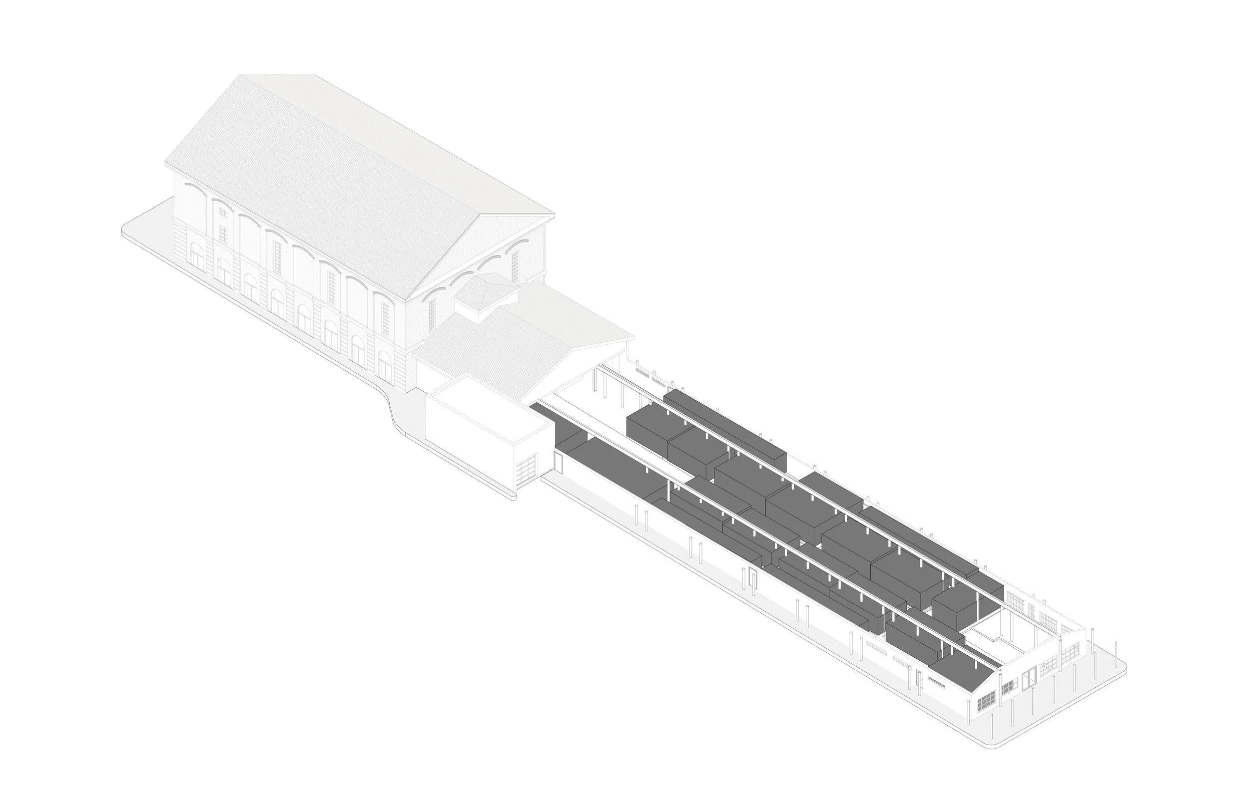 1 / EXISTING CONDITIONS This existing layout utilized narrow paths and short merchant stalls, limiting the type of vendor that could function effectively in the space.