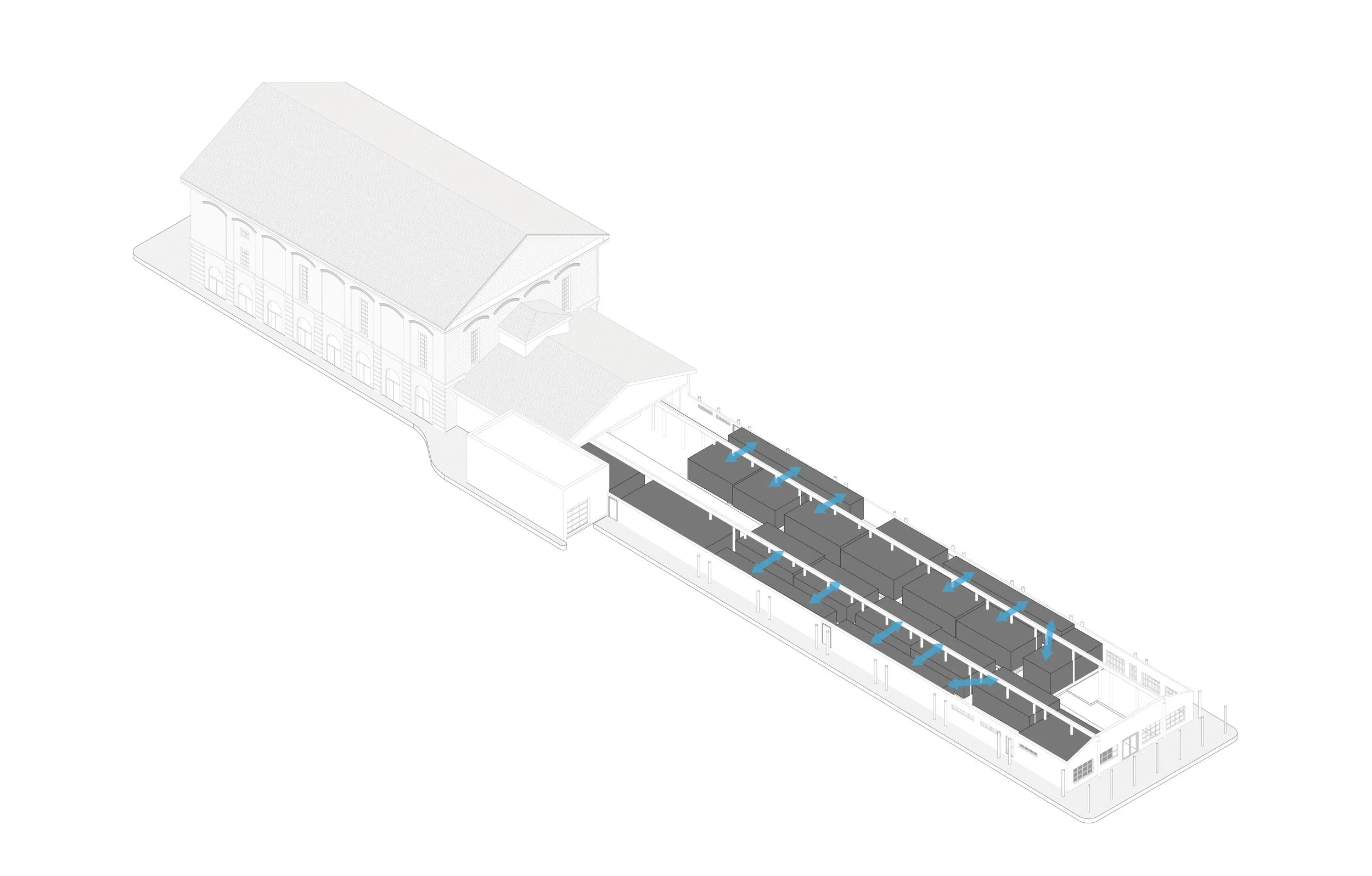 3/ EXISTING
STALL FUNCTION
The internal service path cleaved
the merchants’ working space in two
and created unusable space between the
front and back of the stalls.