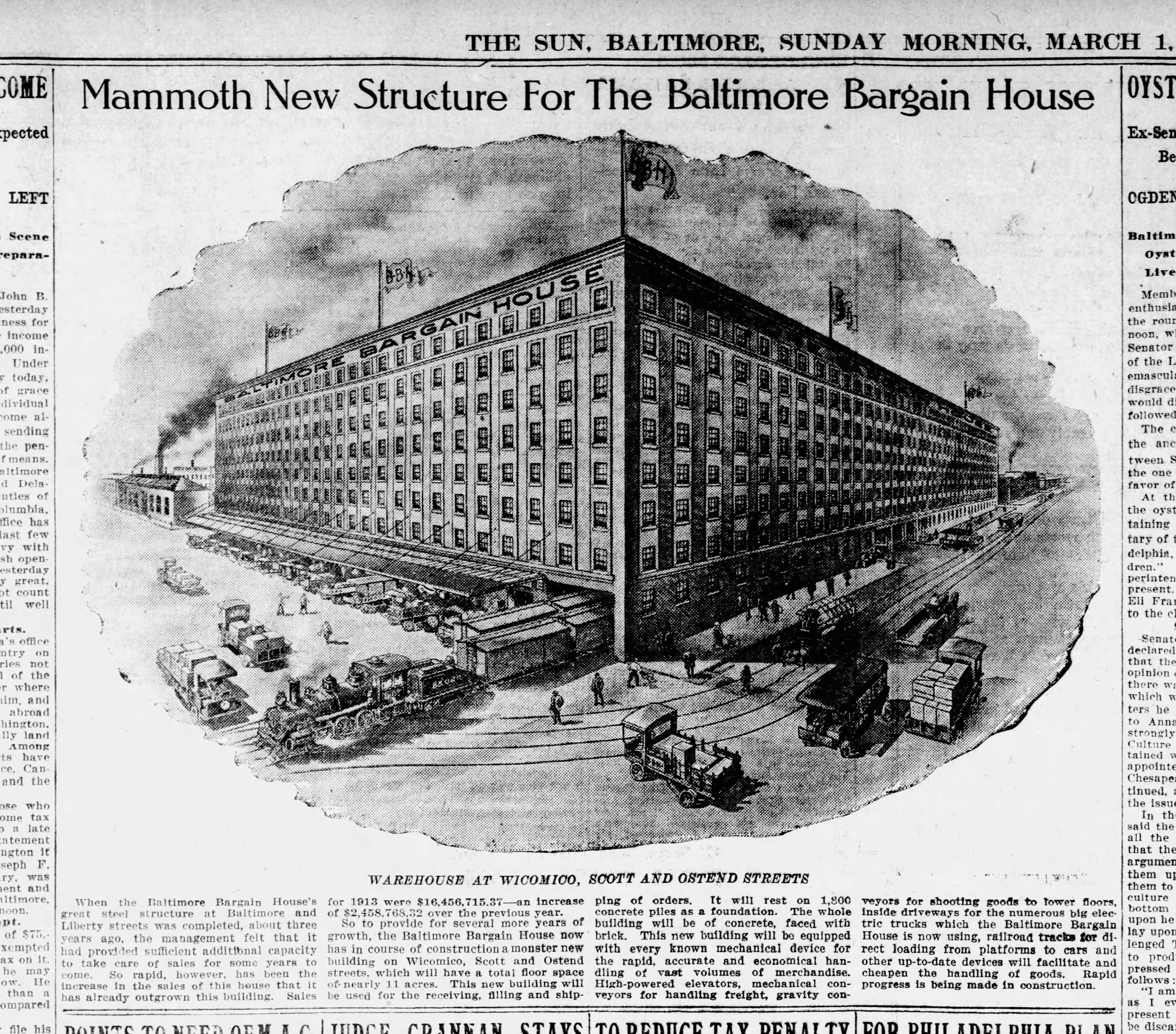 1914
The innovative distribution hub for Baltimore Bargain House opens in Pigtown, boasting freight elevators, conveyor belts, and logistics management. (Baltimore Sun, March 1914)