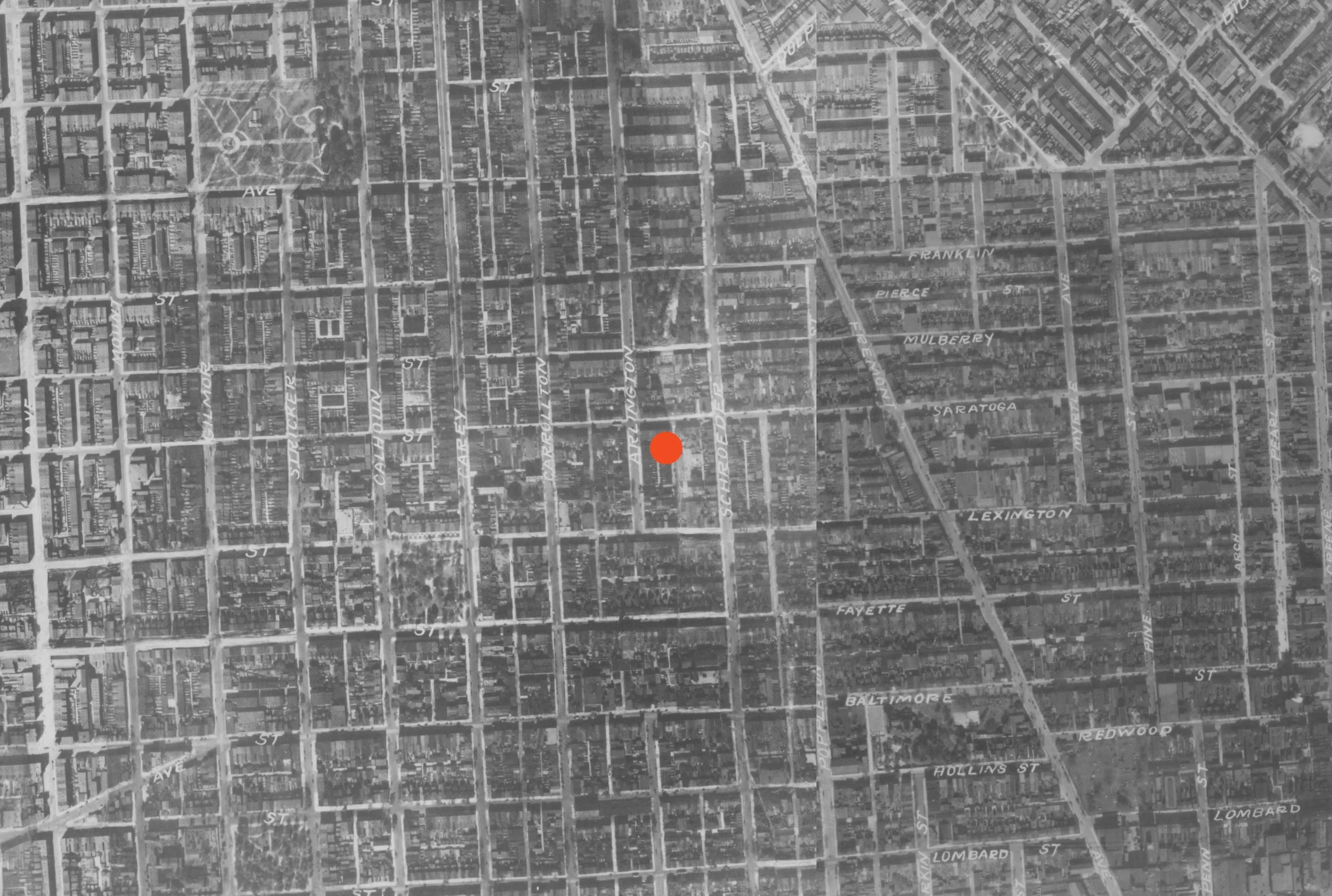 1927
Throughout the late 19th and early 20th centuries, West Baltimore neighborhoods were densely packed with working-class rowhomes. The future Poppleton Rec Center is indicated in red.