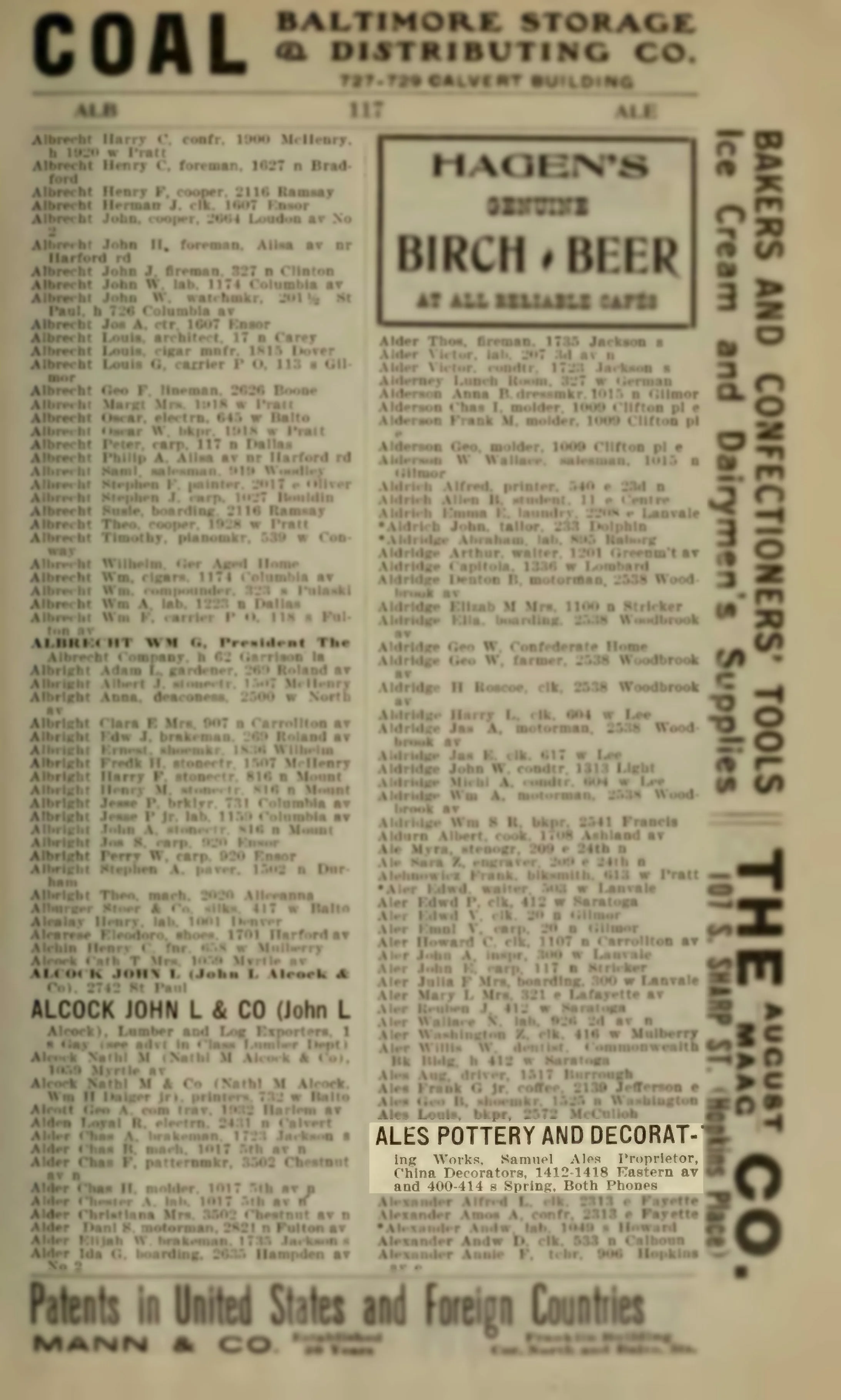  Advertisement for Ales Pottery   listed in the 1907 Baltimore City Directory located on Eastern Ave and Spring St. 