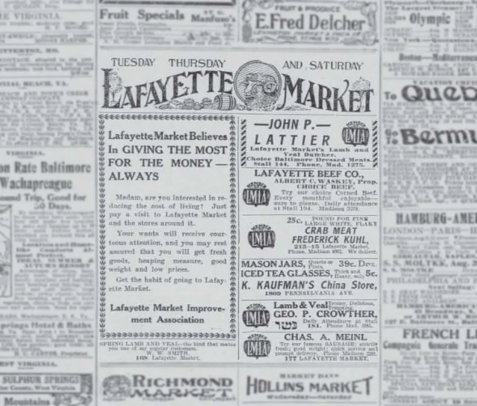 1912
Advertisements in the Baltimore Sun for vendors at the Lafayette Market.
