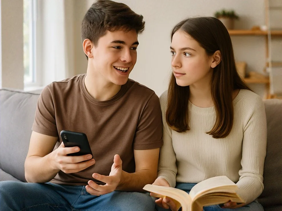 A young man and woman sit on a couch, engaging in conversation. The young man is holding a smartphone, while the young woman is holding an open book.