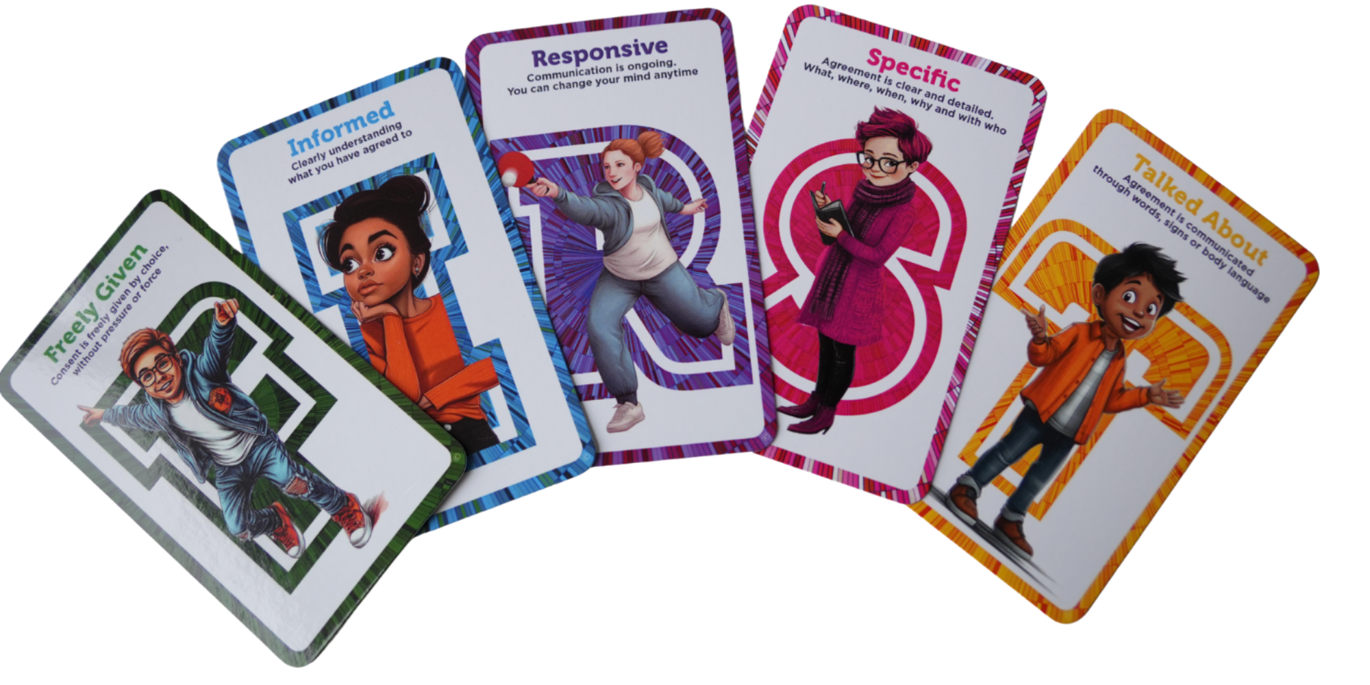 A set of five colorful communication cards featuring illustrations of diverse children and text about different communication styles. The styles from left to right are: 'Freely Given' with a girl in a leather jacket, 'Informed' with a girl in orange, 'Responsive' with a girl with red hair playing tennis, 'Specific' with a girl in glasses holding a notebook, and 'Talked About' with a boy in an orange jacket.
