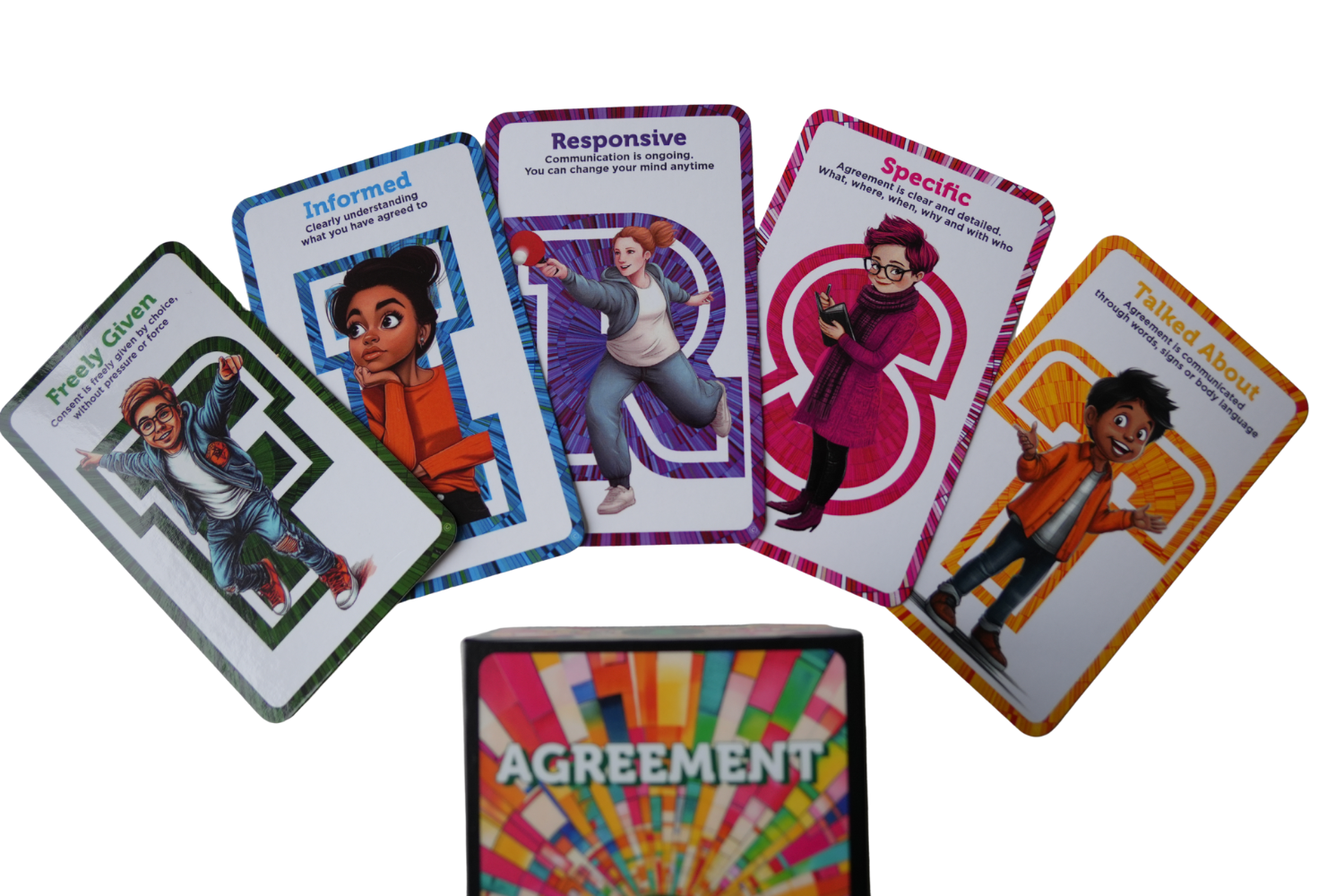 Set of colorful affirmation cards about communication, with illustrations of diverse characters and the word 'AGREEMENT' on a card in the foreground.