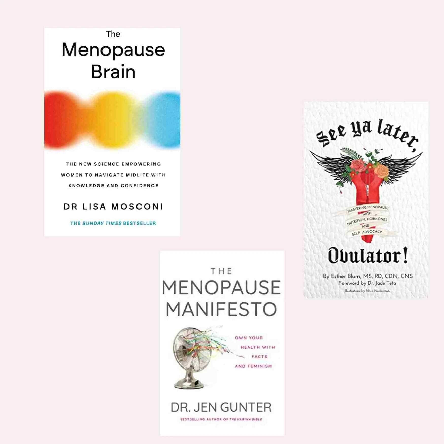 Three books about menopause are displayed: 'The Menopause Brain' by Dr. Lisa Mosconi, 'See ya later, Ovulator!' by Esther Blum, and 'The Menopause Manifesto' by Dr. Jen Gunter. The cover of 'The Menopause Brain' features a blurred rainbow-colored design, 'See ya later, Ovulator!' has a comic style with a heart with wings, and 'The Menopause Manifesto' depicts a colorful, abstract fan.