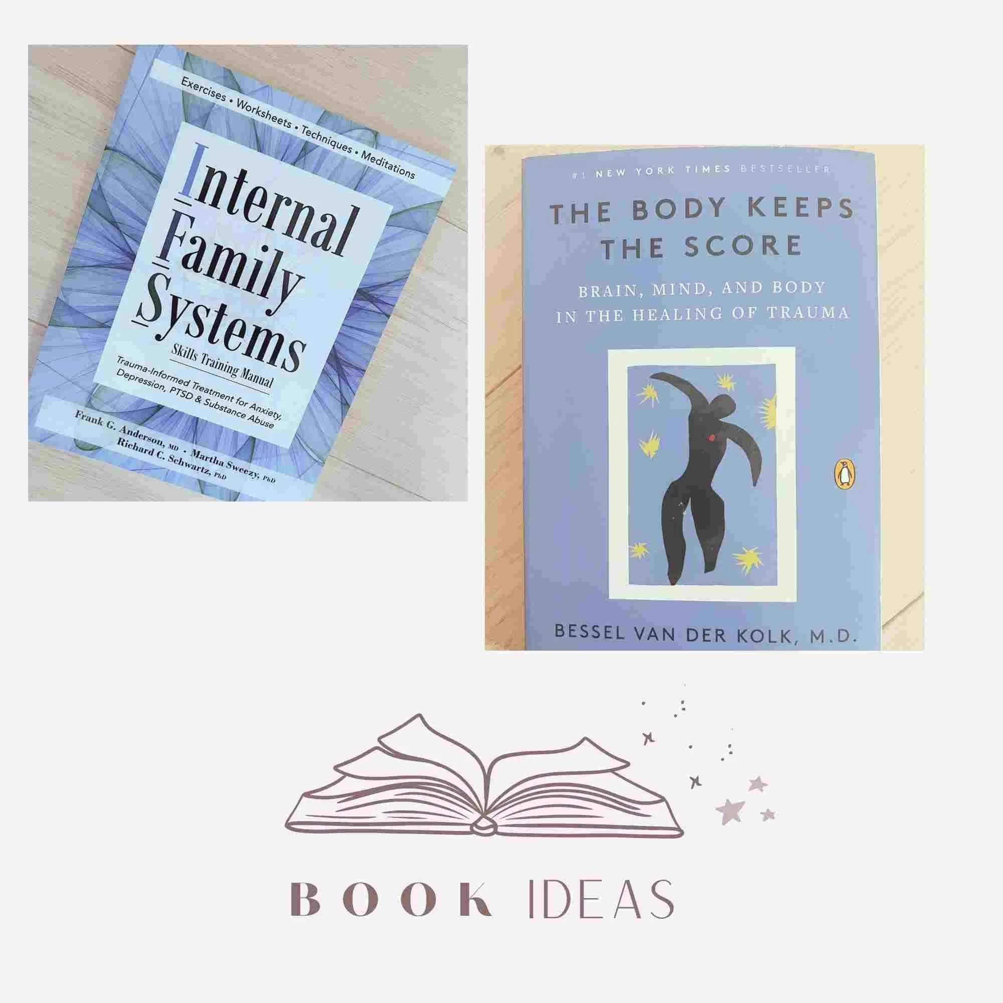Two books on self-help and trauma recovery with a drawing of an open book and the words 'Book Ideas' underneath.