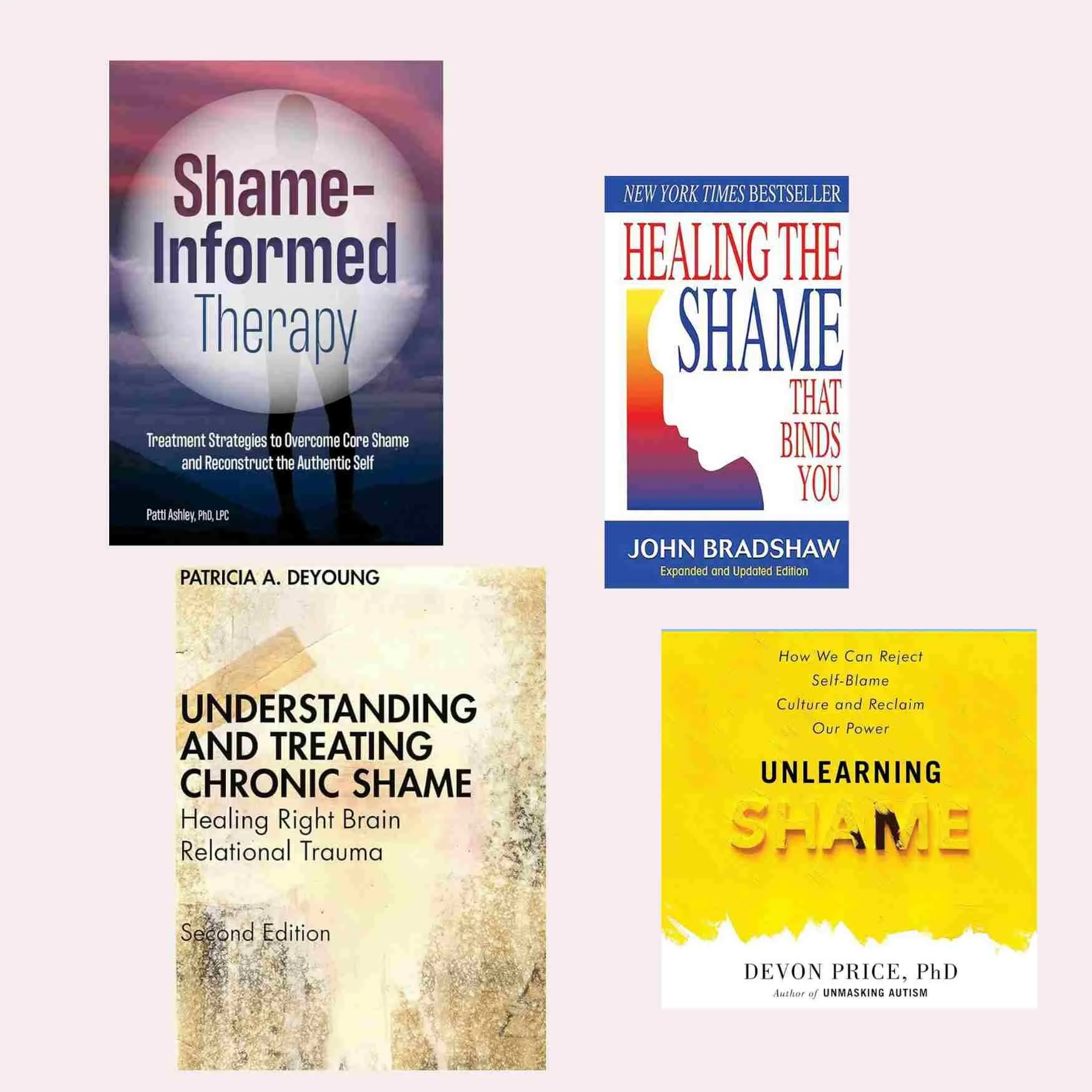 Collection of four books on shame and healing, including titles 'Shame-Informed Therapy,' 'Healing the Shame That Binds You,' 'Understanding and Treating Chronic Shame,' and 'Unlearning Shame.'