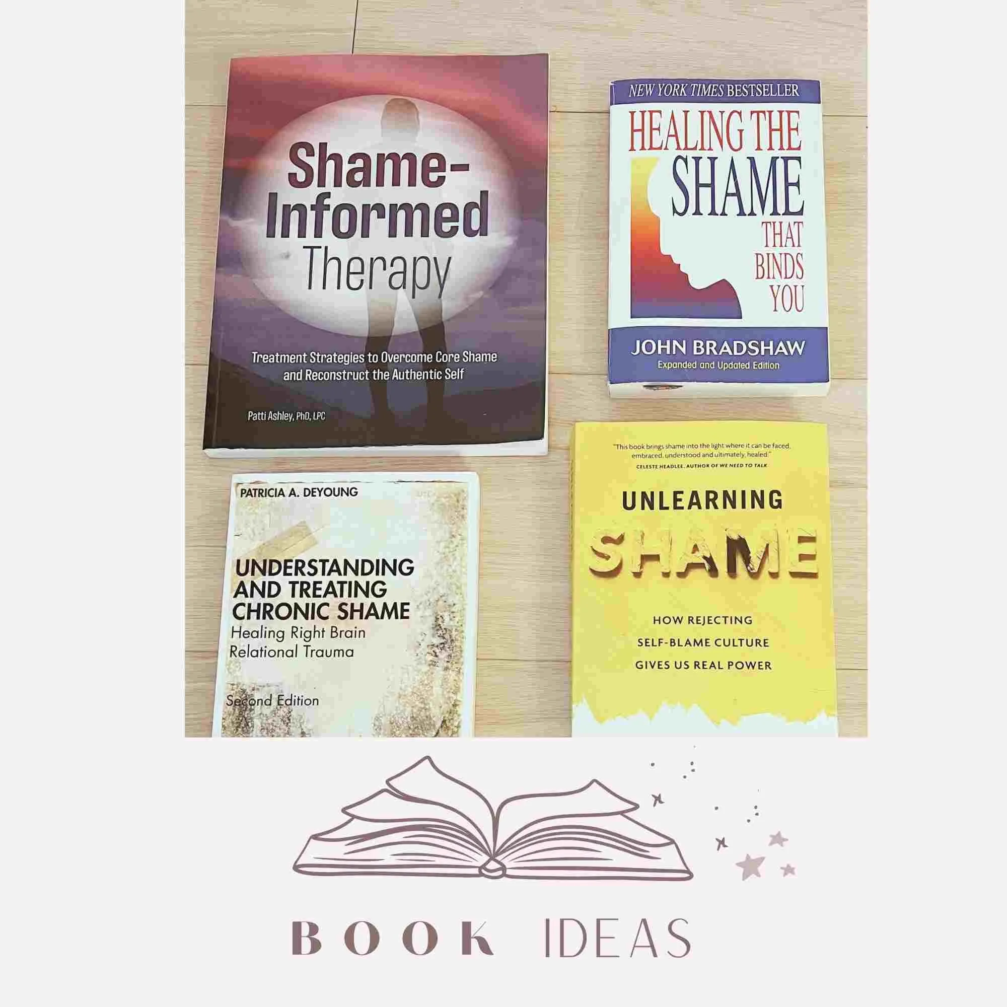 Four books on shame and therapy are displayed on a wooden surface, with an illustration of an open book and the text 'Book Ideas' beneath them.