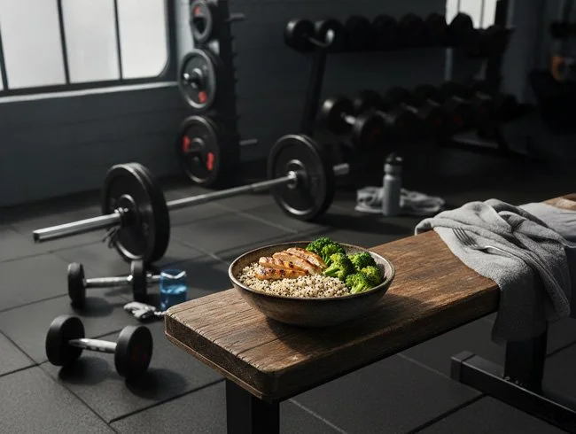 A bowl of broccoli and grilled chicken on a wooden bench, in a gym with weights and dumbbells in the background.