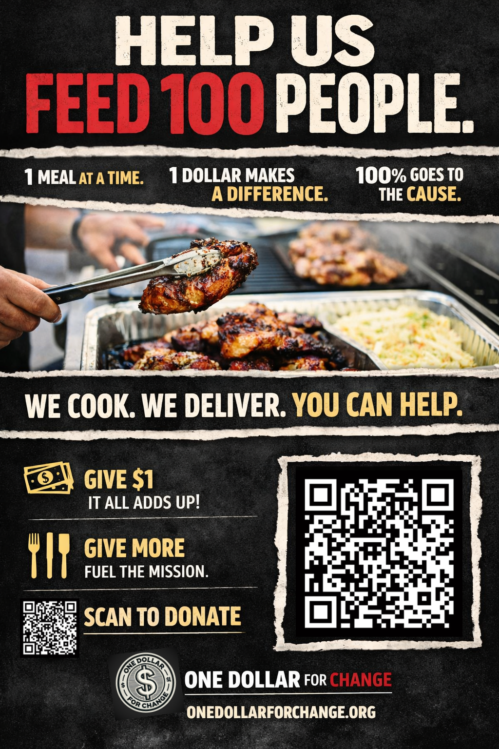 A promotional flyer for a charity campaign featuring a tray of grilled chicken, rice, and other food along with bold text and QR code encouraging donations for feeding people.