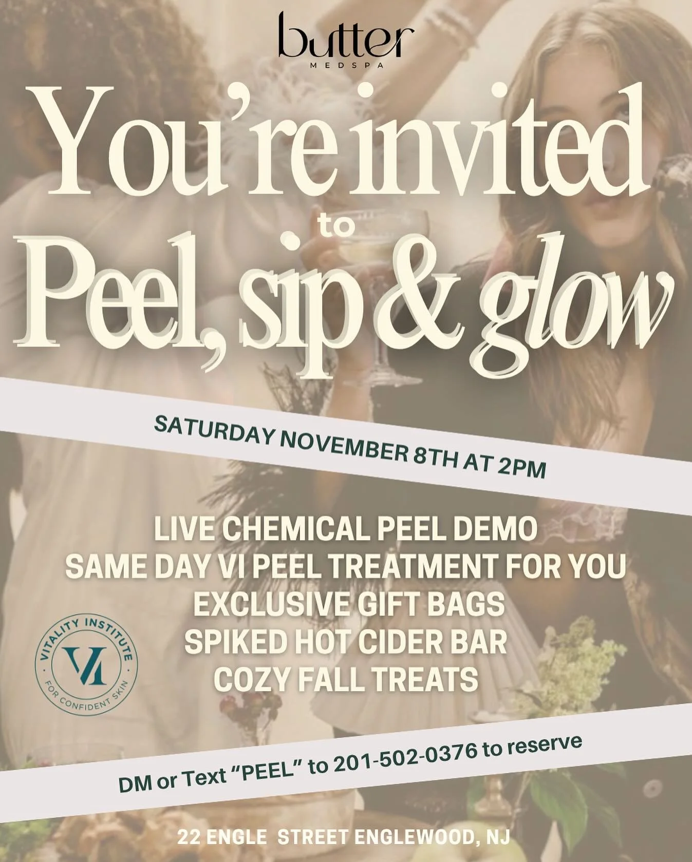 Grab your glow bestie &mdash; it&rsquo;s a fall peel party! 🍁
Think hot cider, sweet treats, and next-level skin.

Tickets are $200 see below for what&rsquo;s included ✨:
&bull; Same-day VI Peel ($270 value!)
&bull; Gift bags full of must-haves
&bul