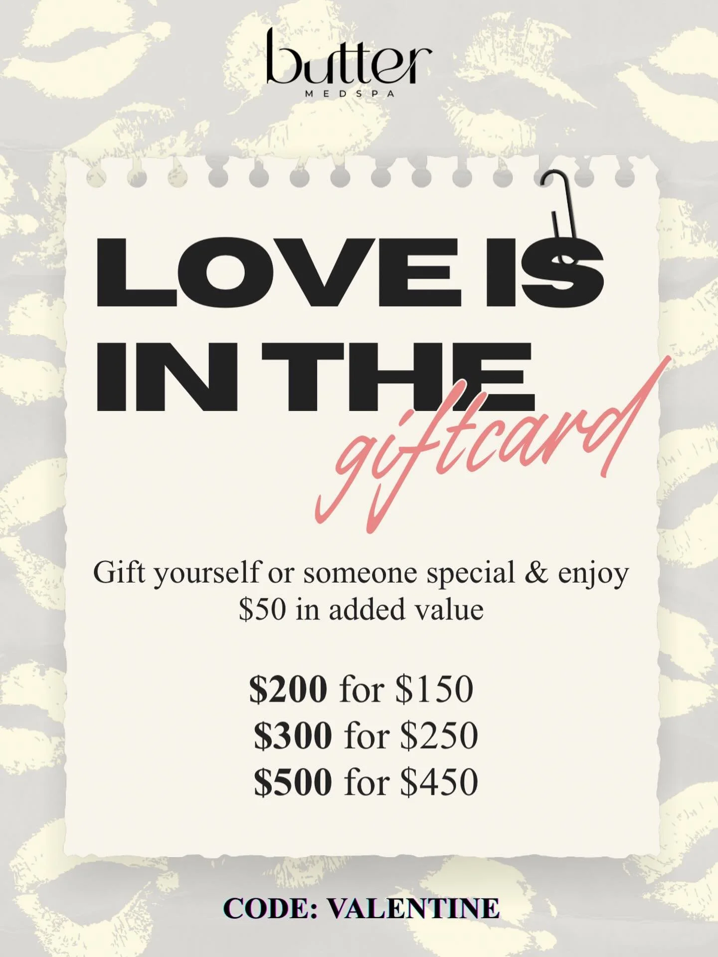 Butter up someone you love 💛
Our Valentine&rsquo;s gift cards come with $50 in added value&mdash;because the best gifts glow back ✨

💻 Purchase digital gift cards at Buttermedspa.com with code: VALENTINE
🏷️ Or stop by anytime for a physical gift c
