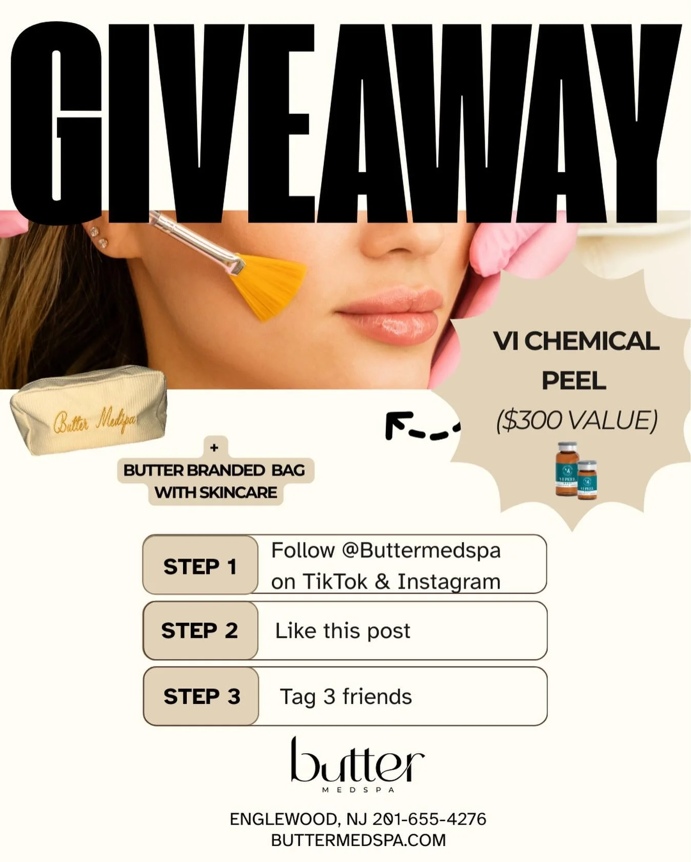 ✨ GIVEAWAY TIME ✨

In honor of National Peel Day, we&rsquo;re giving one lucky winner the chance to experience a VI Chemical Peel ($300 value) plus a Butter Medspa branded bag filled with skincare.

This is your chance to refresh your skin and get th