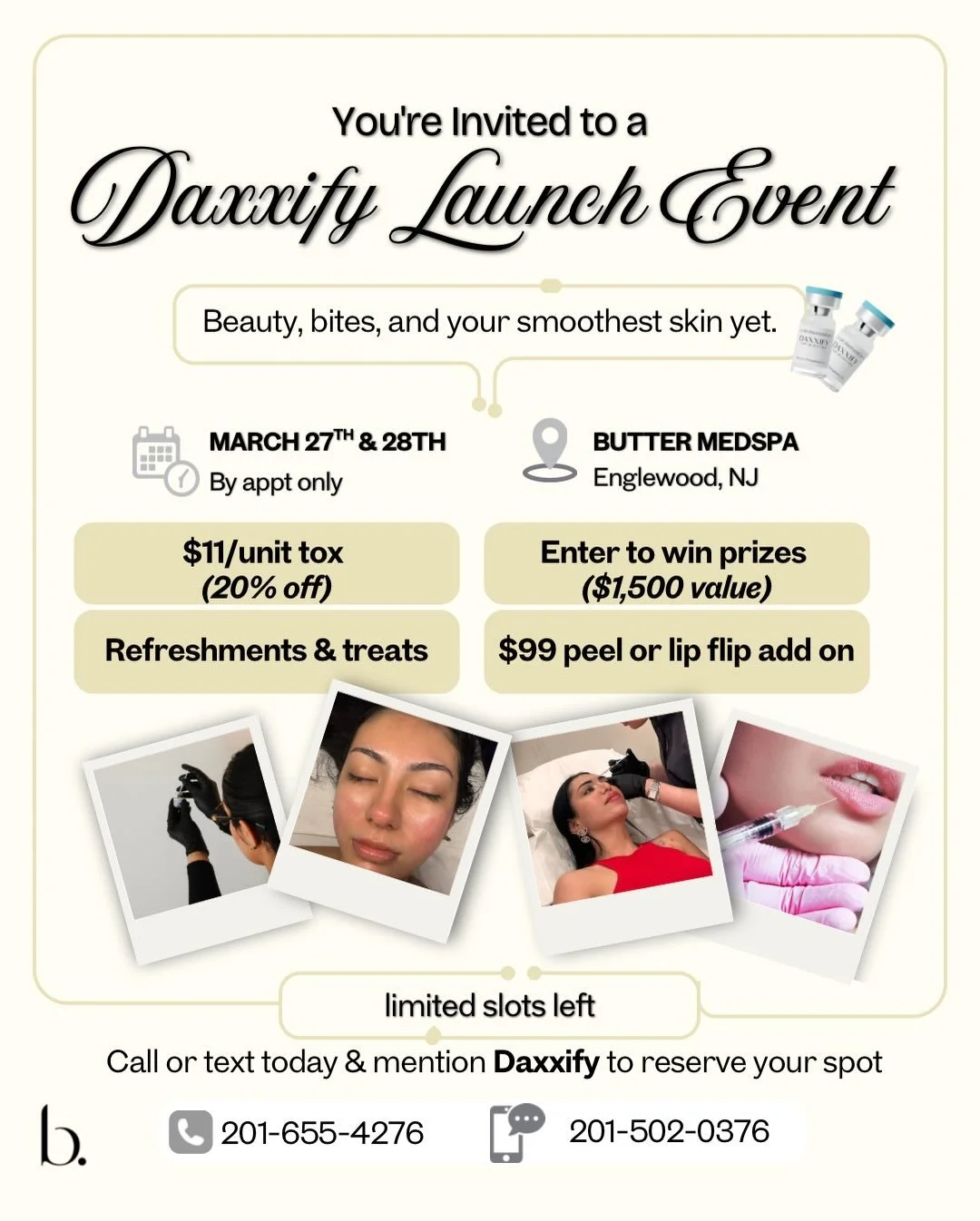 You&rsquo;re invited&hellip; ✨
Our Daxxify Launch Event is almost here&mdash;and trust us, you don&rsquo;t want to miss this one.

Think: smoother skin, longer-lasting results, and an evening filled with beauty, bites, and exclusive perks 💉💛

&bull