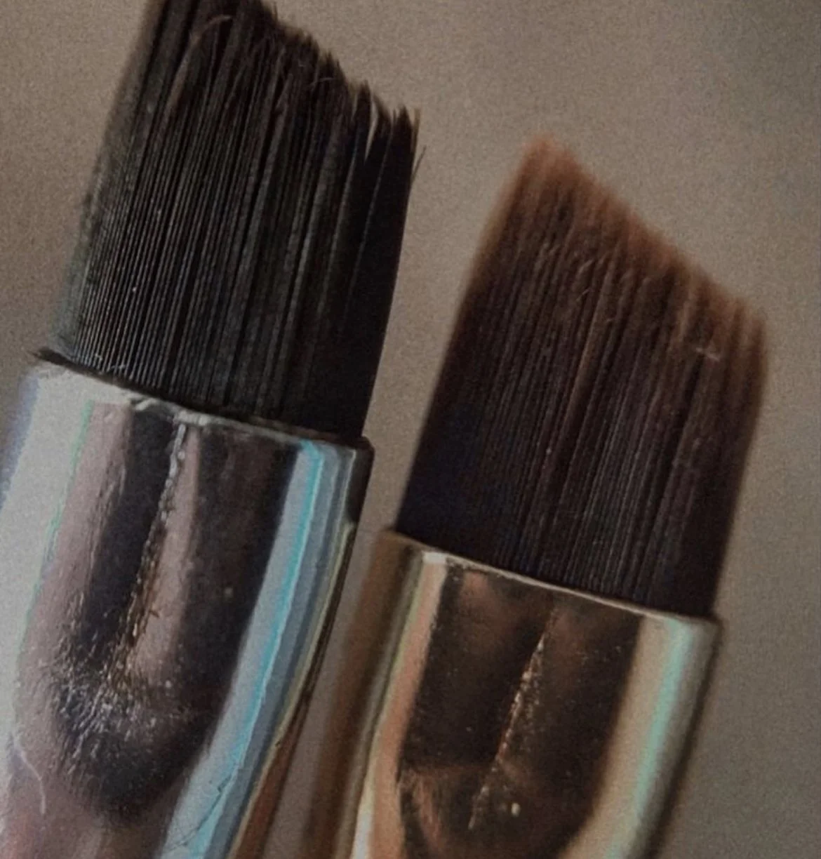 Close-up of two makeup brushes with bristles and metal ferrules.