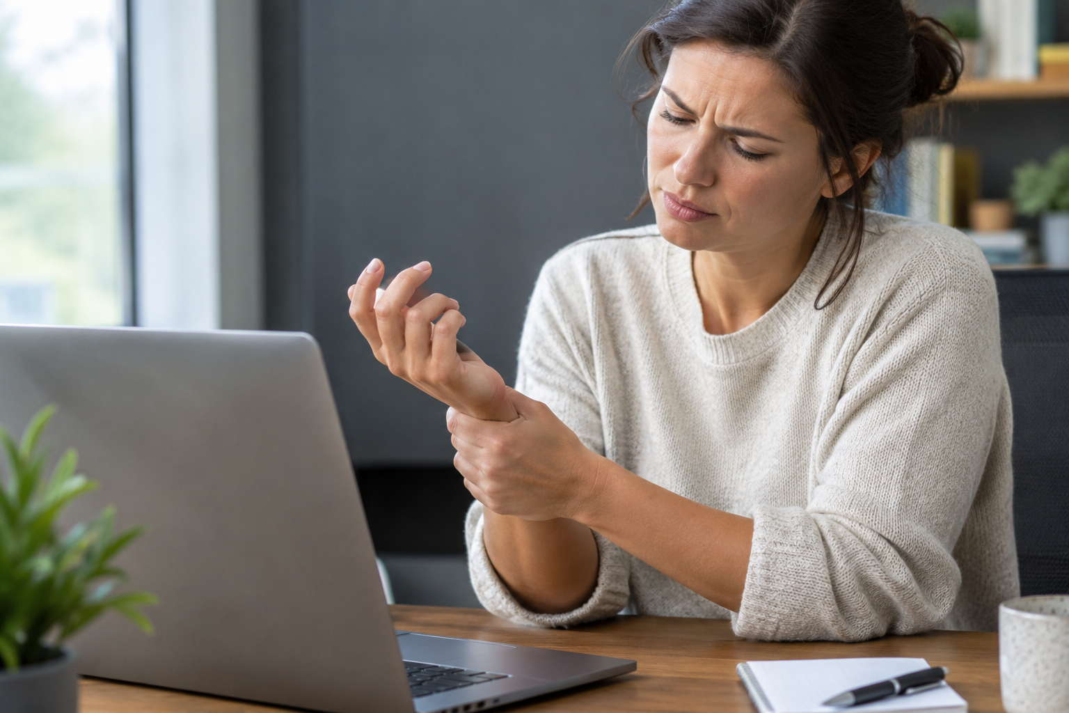 A woman sitting at a desk looking at her wrist because of wrist pain from typing too long, with a laptop, notebook, pen, and a cup on the desk.