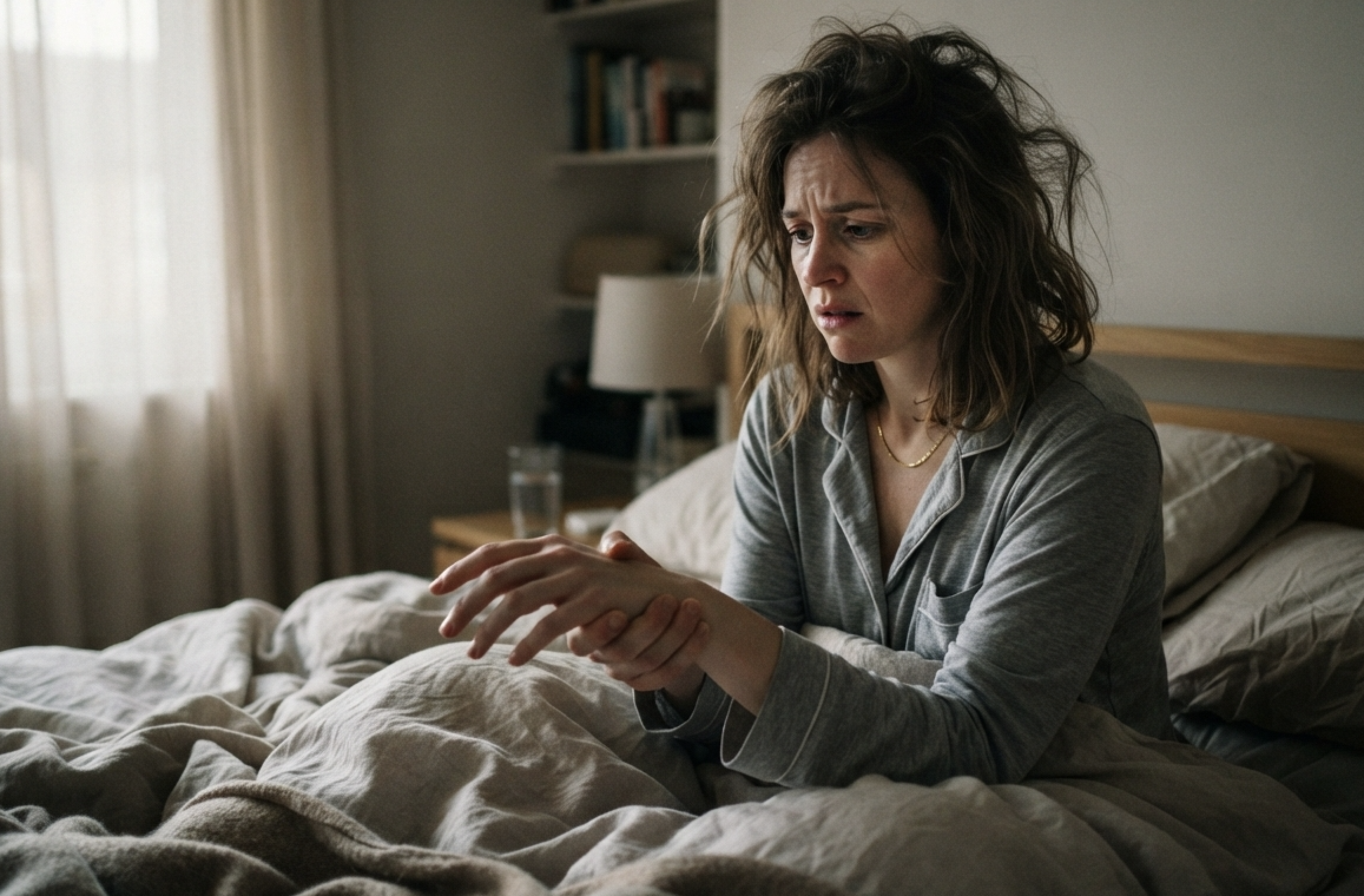 Woman waking up in bed shaking out her hand to relieve numbness and tingling from carpal tunnel syndrome