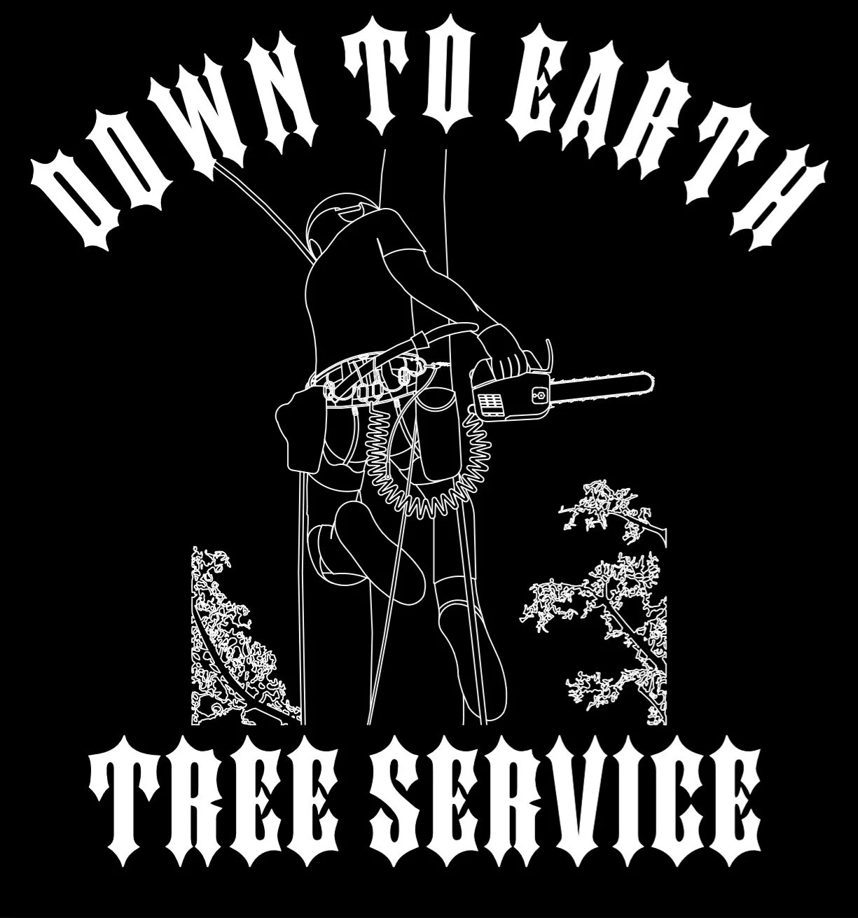 Line drawing of a person hanging from a tree, carrying chainsaws and climbing gear, with the text 'Down to Earth Tree Service' above and below.