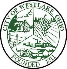 Seal of the City of Westlake, Ohio, featuring a dam, a bunch of grapes, a bridge, and a landscape with buildings, trees, and mountains, with the text 'City of Westlake, Ohio, Founded 1811' around the edge.