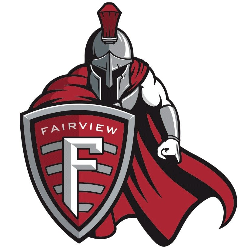 A cartoon mascot of a Roman soldier with a helmet and red cape holding a shield with the word 'Fairview' and a stylized 'F' on it.