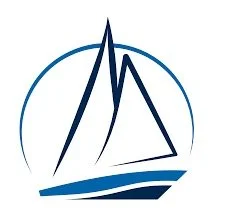 Logo with stylized mountain peaks inside a circle, with a wave at the bottom representing water.