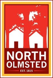 A logo for North Olmsted featuring a red background with white houses and trees, and the text 'NORTH OLMSTED EST. 1815'.