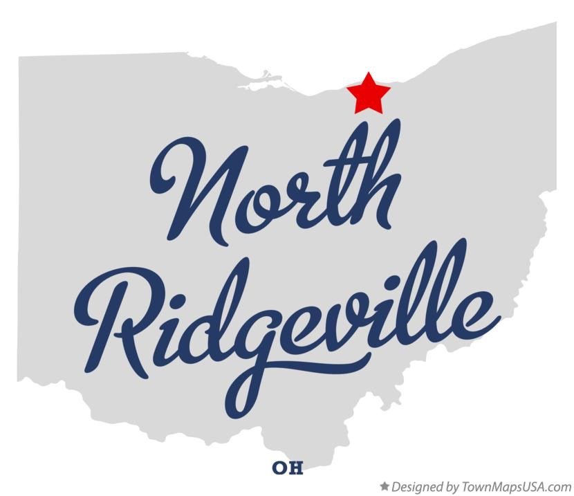 Map of Ohio with the city of North Ridgeville highlighted by a red star and labeled in blue text.