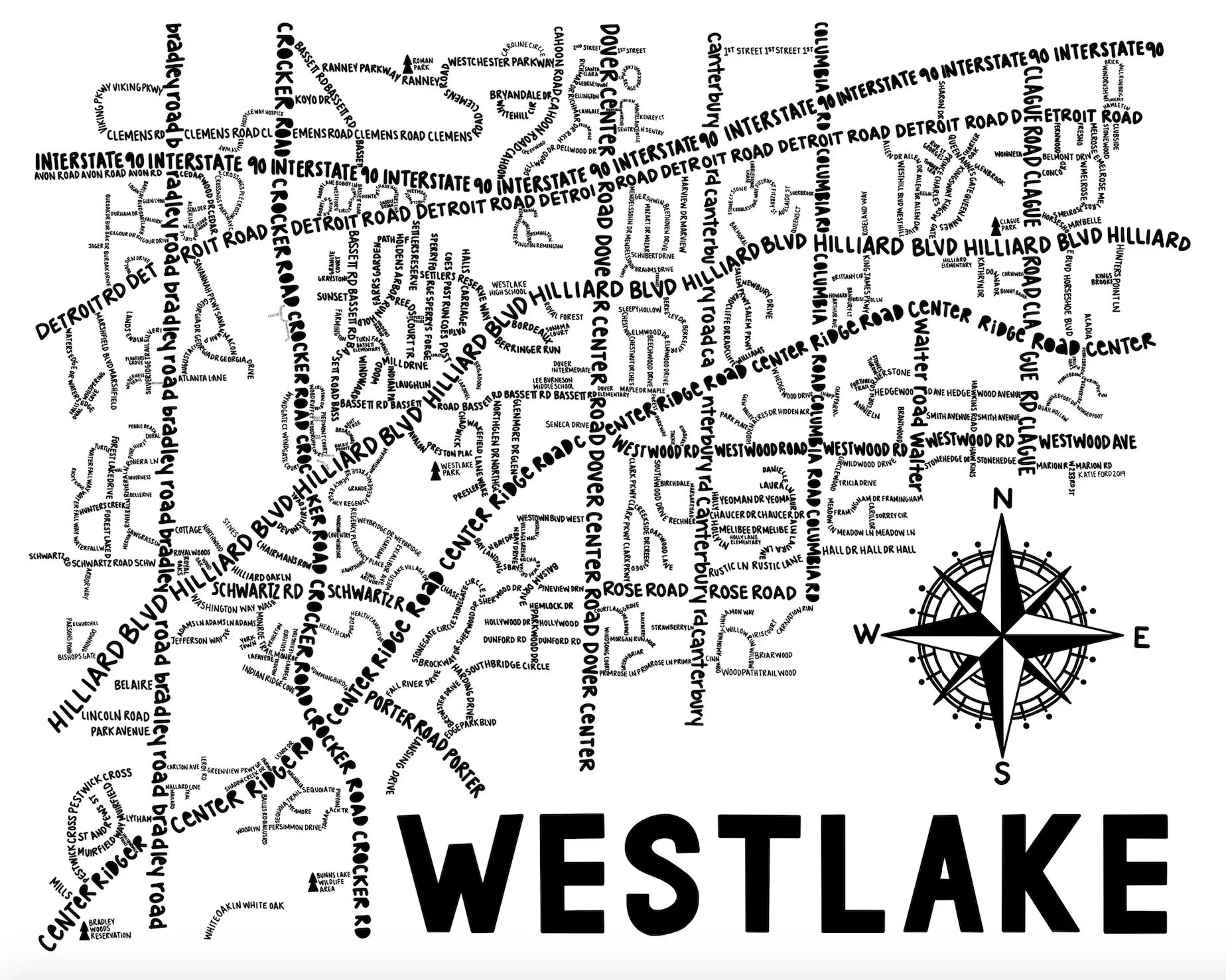 A word map of Westlake, featuring street names such as Hilliard Blvd, Detroit Road, Center Ridge Road, and Clifton Boulevard, arranged in the shape of the Westlake area with a compass rose in the lower right corner.