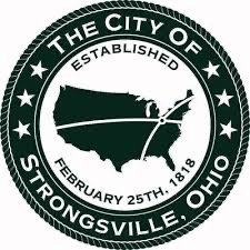 Seal of the City of Strongsville, Ohio, featuring a map of Ohio with a river, circular text, and date February 25th, 1818.