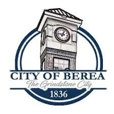 Logo of the City of Berea featuring a clock tower and the text 'City of Berea The Grindstone City 1836'