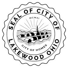 Seal of the City of Lakewood, Ohio, featuring a bridge over water with sun rays in the background.