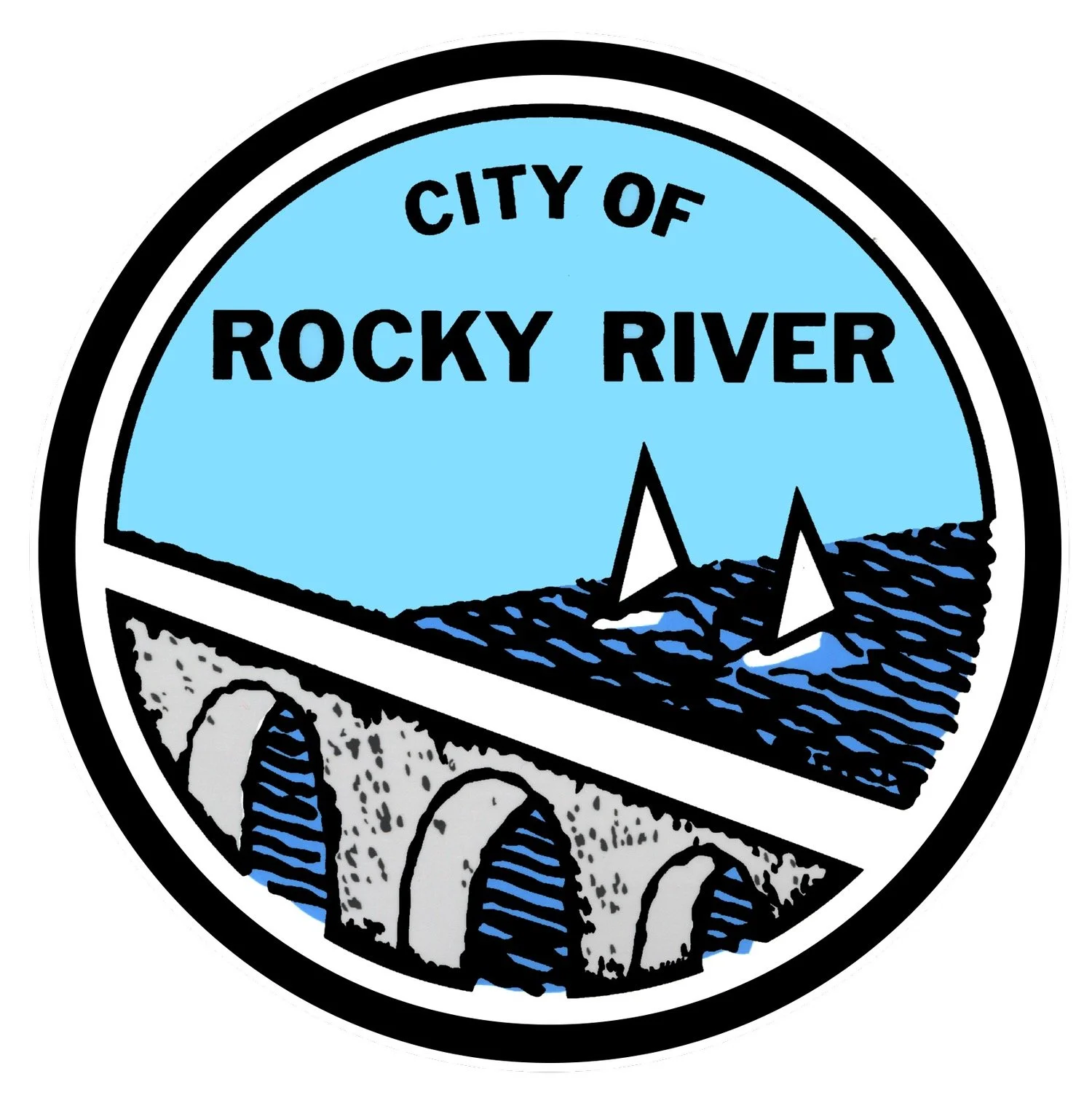 Emblem of the City of Rocky River featuring a bridge and a body of water with sailboats, with blue sky background.