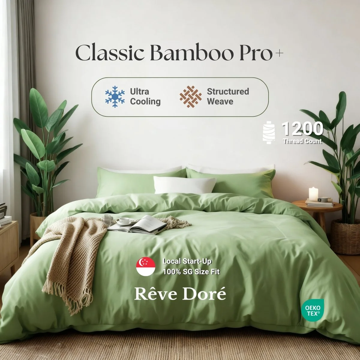 Reve Dore Classic Bamboo Pro+ Cooling Comfort with Durable Structured Weave Bed Set with Duvet Cover - Minty Green