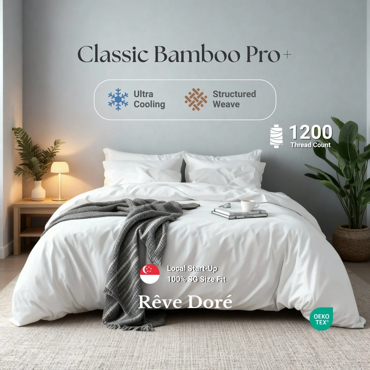 Reve Dore Classic Bamboo Pro+ Cooling Comfort with Durable Structured Weave Bed Set with Duvet Cover - Pearl White