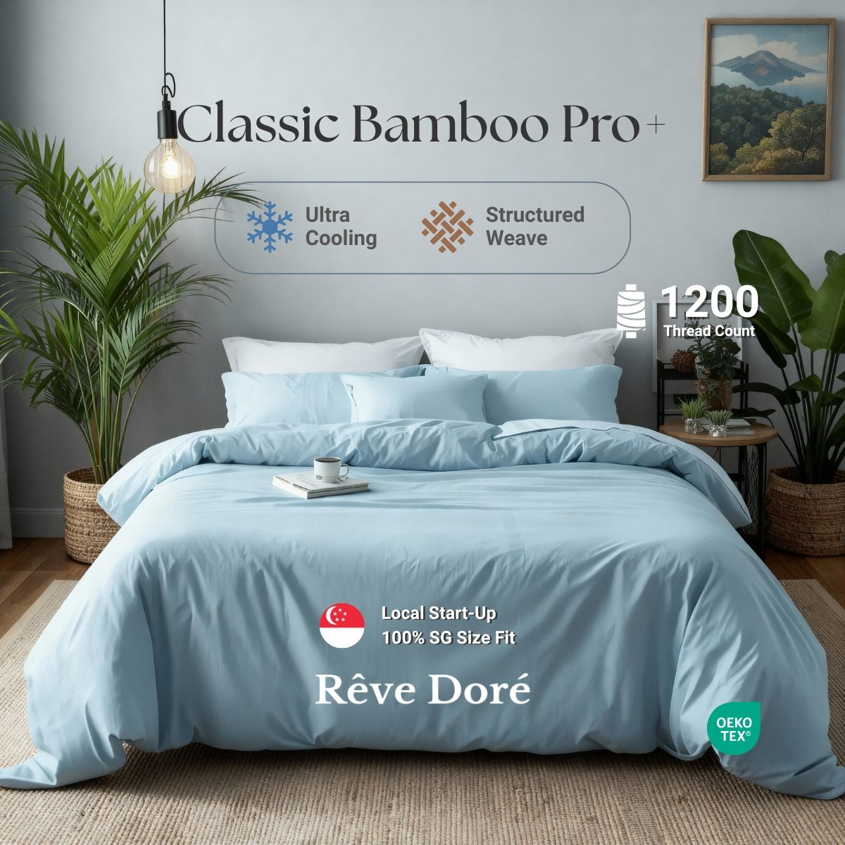 Reve Dore Classic Bamboo Pro+ Cooling Comfort with Durable Structured Weave Bed Set with Duvet Cover - Costal Blue