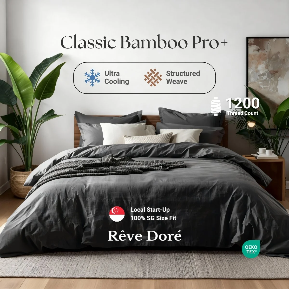 Reve Dore Classic Bamboo Pro+ Cooling Comfort with Durable Structured Weave Bed Set with Duvet Cover - Dark Grey