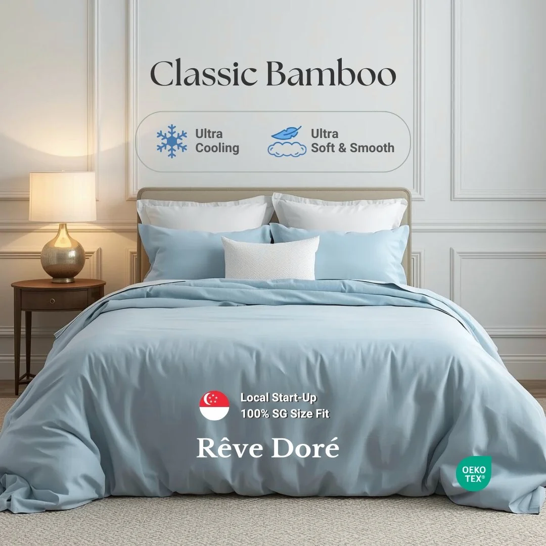Reve Dore Cool Bamboo Bedsheet with Duvet Cover Bedsheet Set - Misty Blue