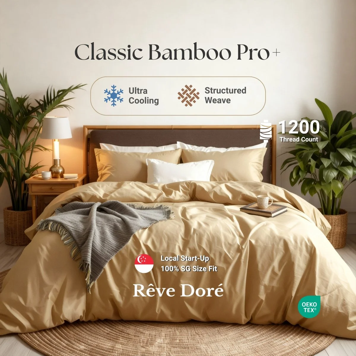 Reve Dore Classic Bamboo Pro+ Cooling Comfort with Durable Structured Weave Bed Set with Duvet Cover - Champagne
