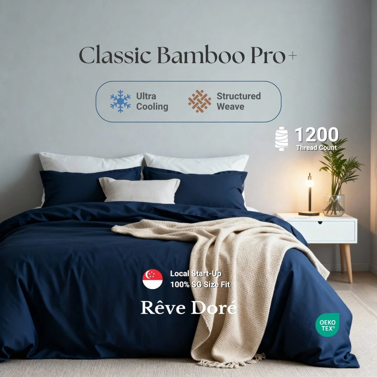 Reve Dore Classic Bamboo Pro+ Cooling Comfort with Durable Structured Weave Bed Set with Duvet Cover - Navy