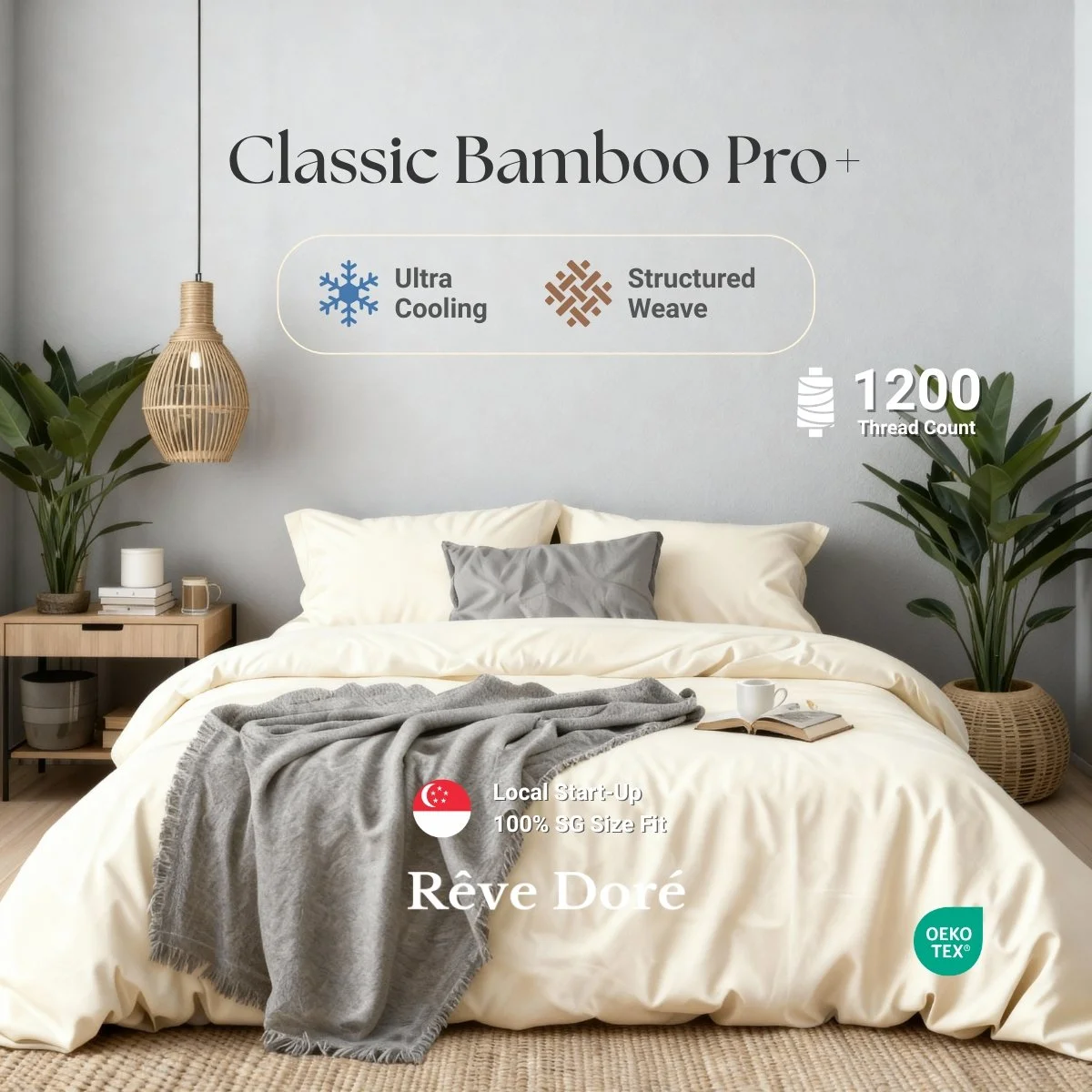 Reve Dore Classic Bamboo Pro+ Cooling Comfort with Durable Structured Weave Bed Set with Duvet Cover- Ivory