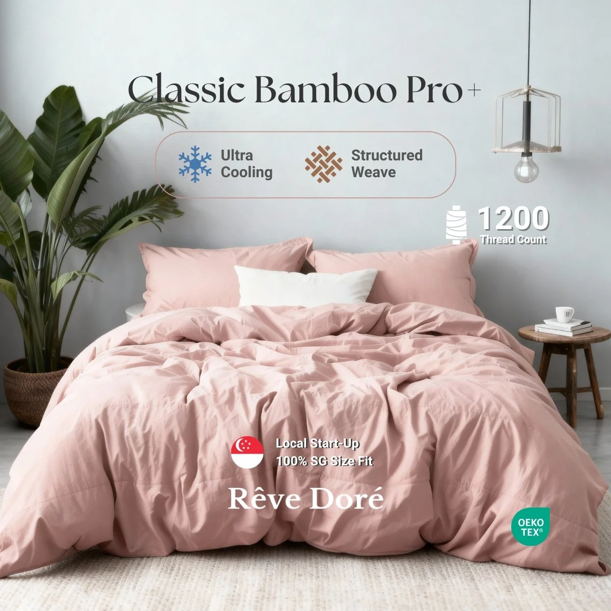 Reve Dore Classic Bamboo Pro+ Cooling Comfort with Durable Structured Weave Bed Set with Duvet Cover - Rose Pink